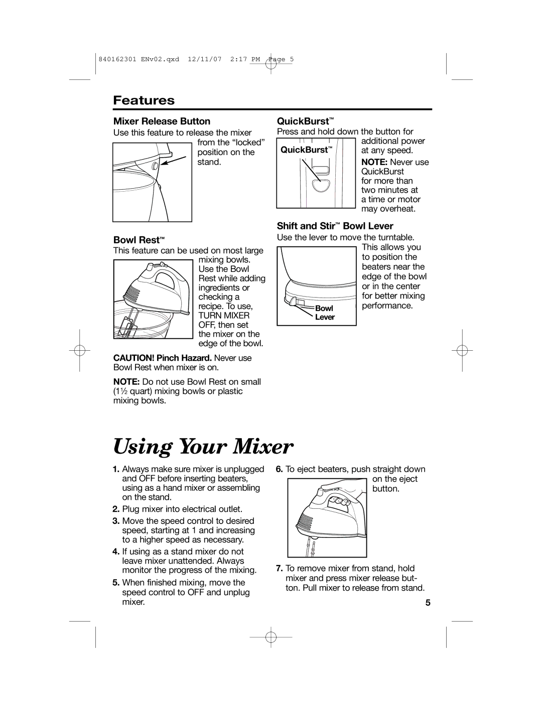 Hamilton Beach Hand/Stand Mixer manual Using Your Mixer, Features 