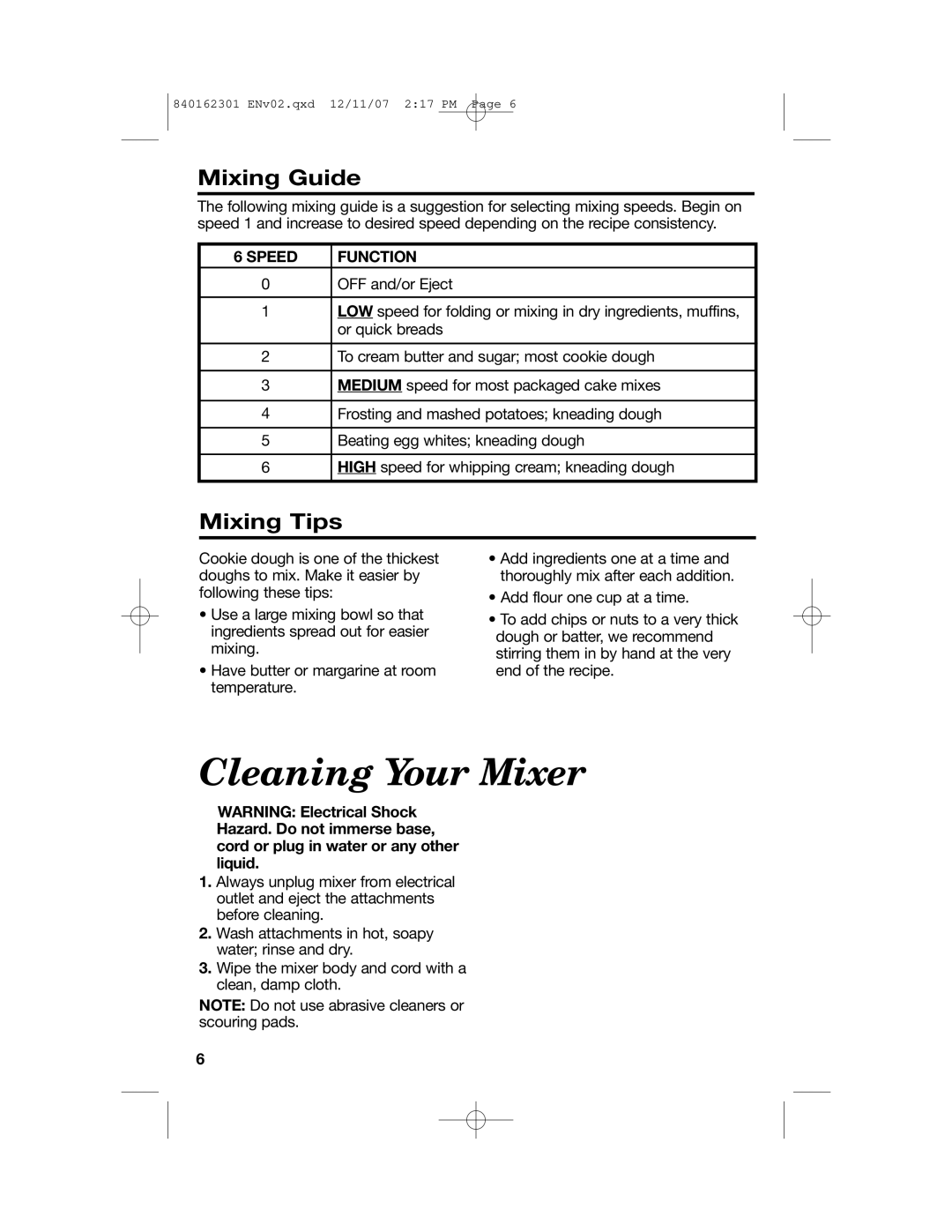 Hamilton Beach Hand/Stand Mixer manual Cleaning Your Mixer, Mixing Guide, Mixing Tips, Speed Function 