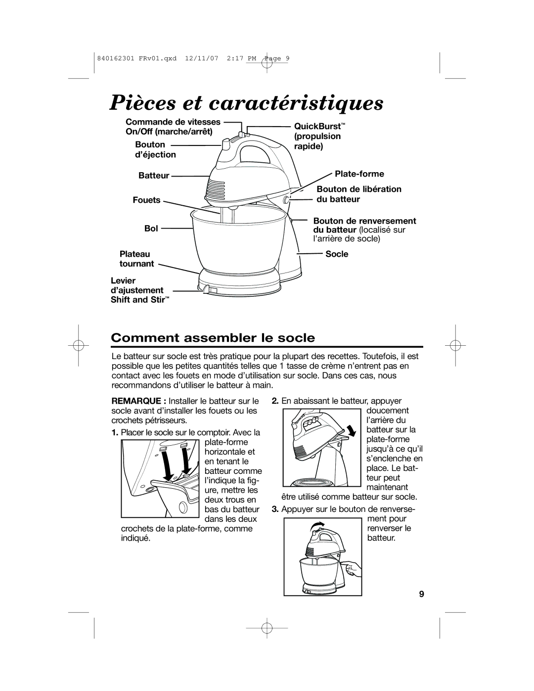 Hamilton Beach Hand/Stand Mixer manual Pièces et caractéristiques, Comment assembler le socle 