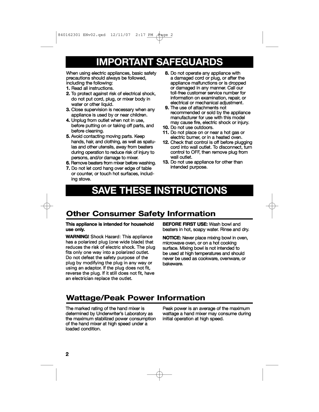 Hamilton Beach Hand/Stand Mixer manual Important Safeguards, Save These Instructions, Other Consumer Safety Information 