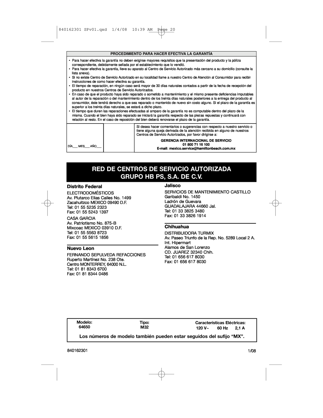 Hamilton Beach Hand/Stand Mixer manual Red De Centros De Servicio Autorizada, Grupo Hb Ps, S.A. De C.V, 64650, 120 V~ 