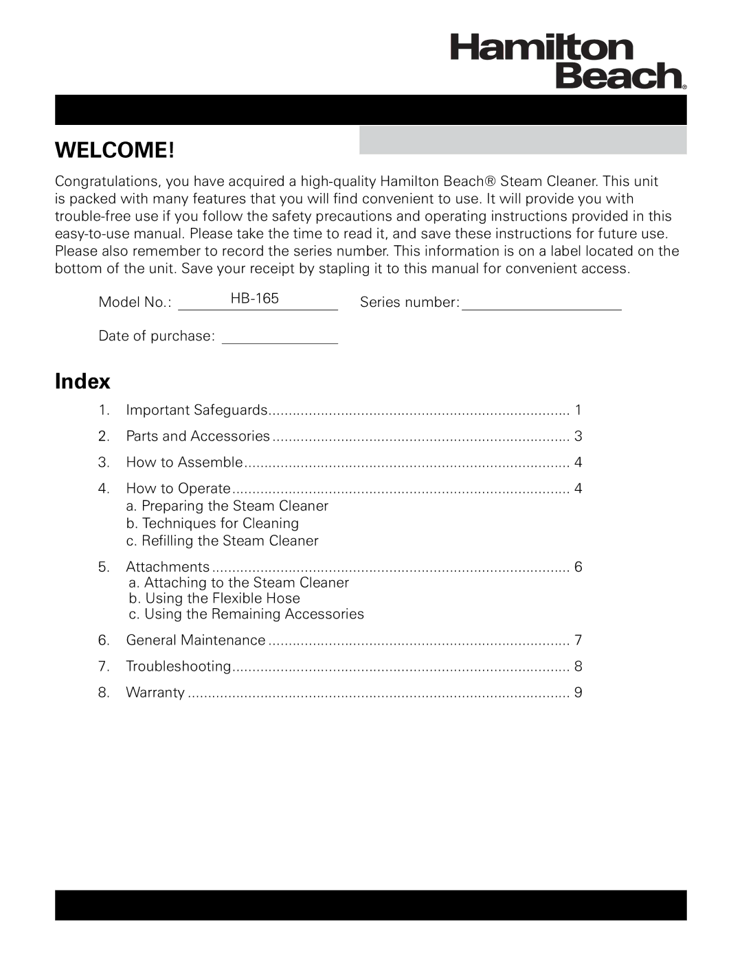 Hamilton Beach HB-165 owner manual Welcome, Index 