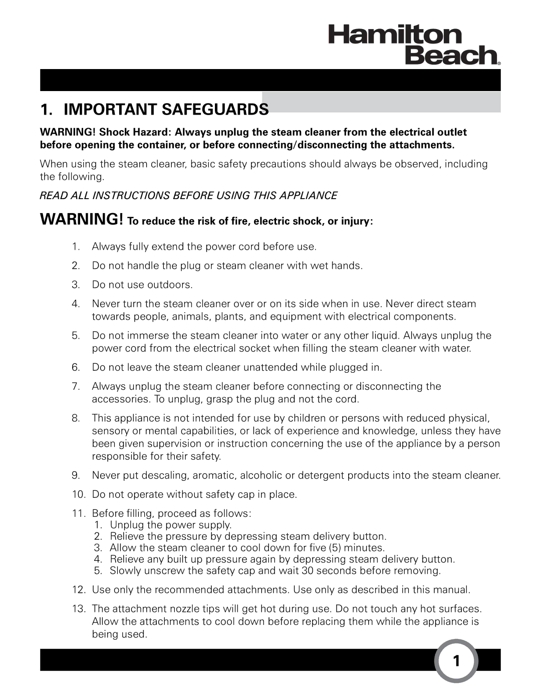 Hamilton Beach HB-165 owner manual Important Safeguards, Read ALL Instructions Before Using this Appliance 