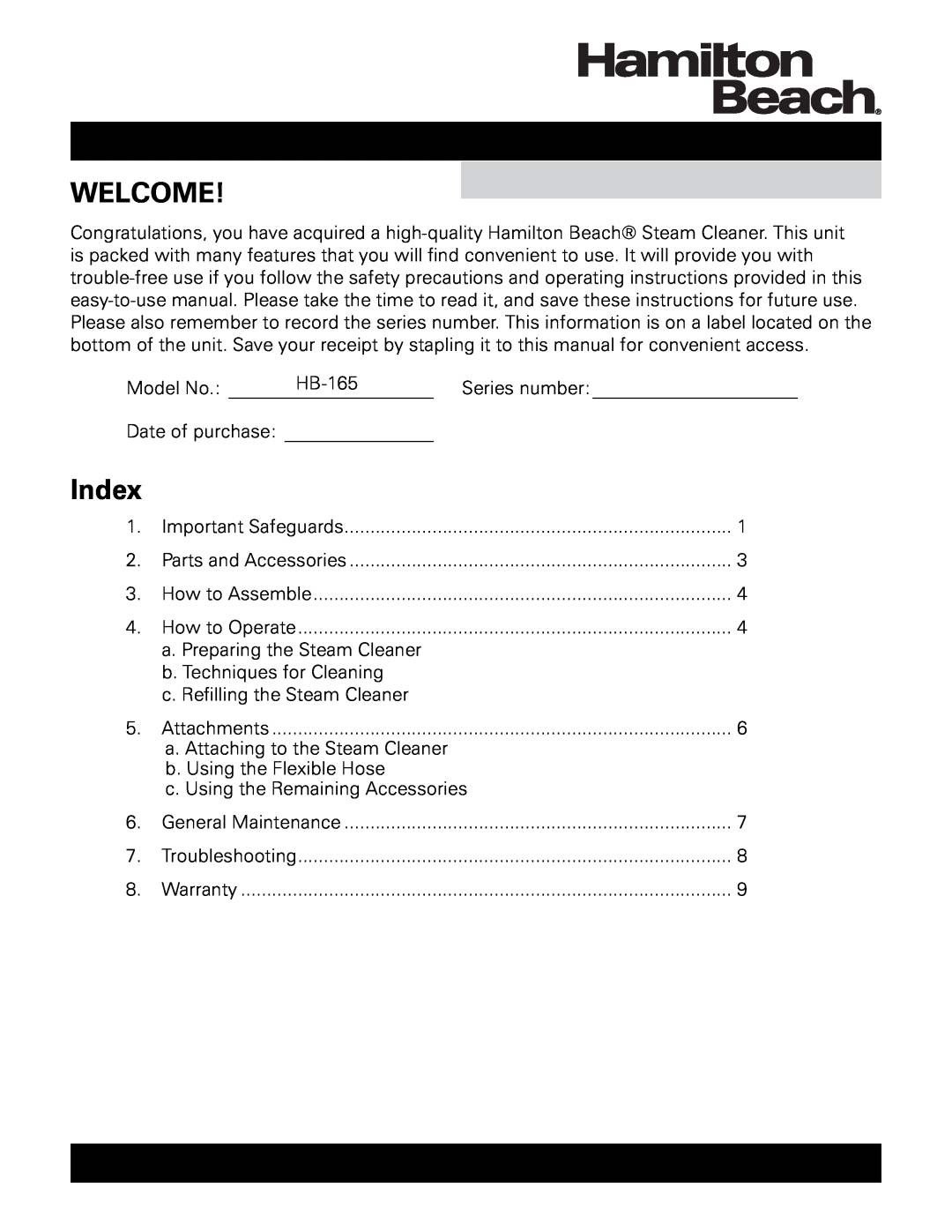 Hamilton Beach HB-165 owner manual Welcome, Index 