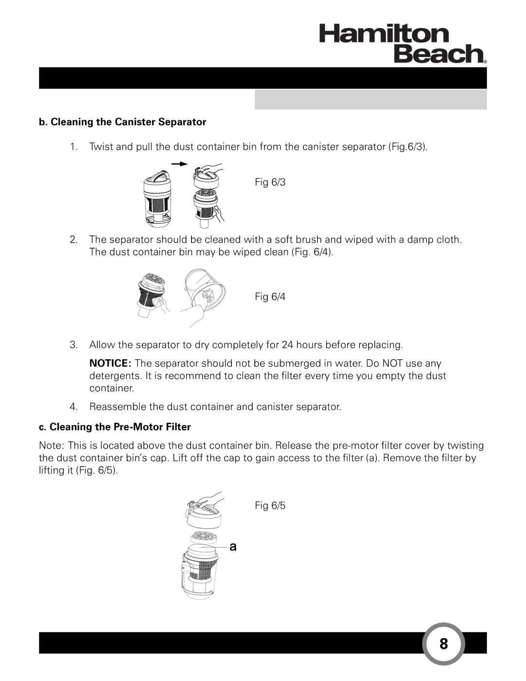 Hamilton Beach HB-363 owner manual Cleaning the Canister Separator 