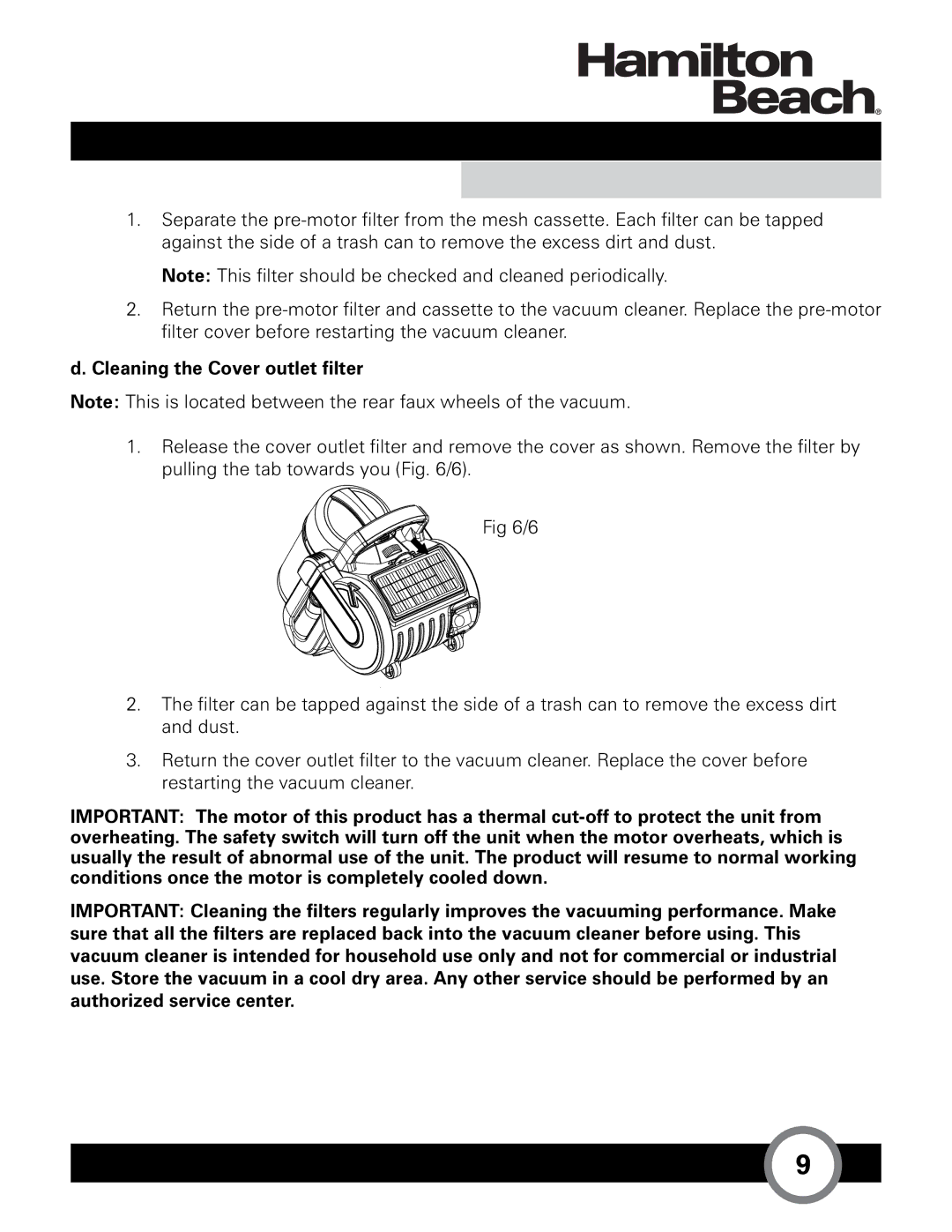 Hamilton Beach HB-363 owner manual Cleaning the Cover outlet filter 