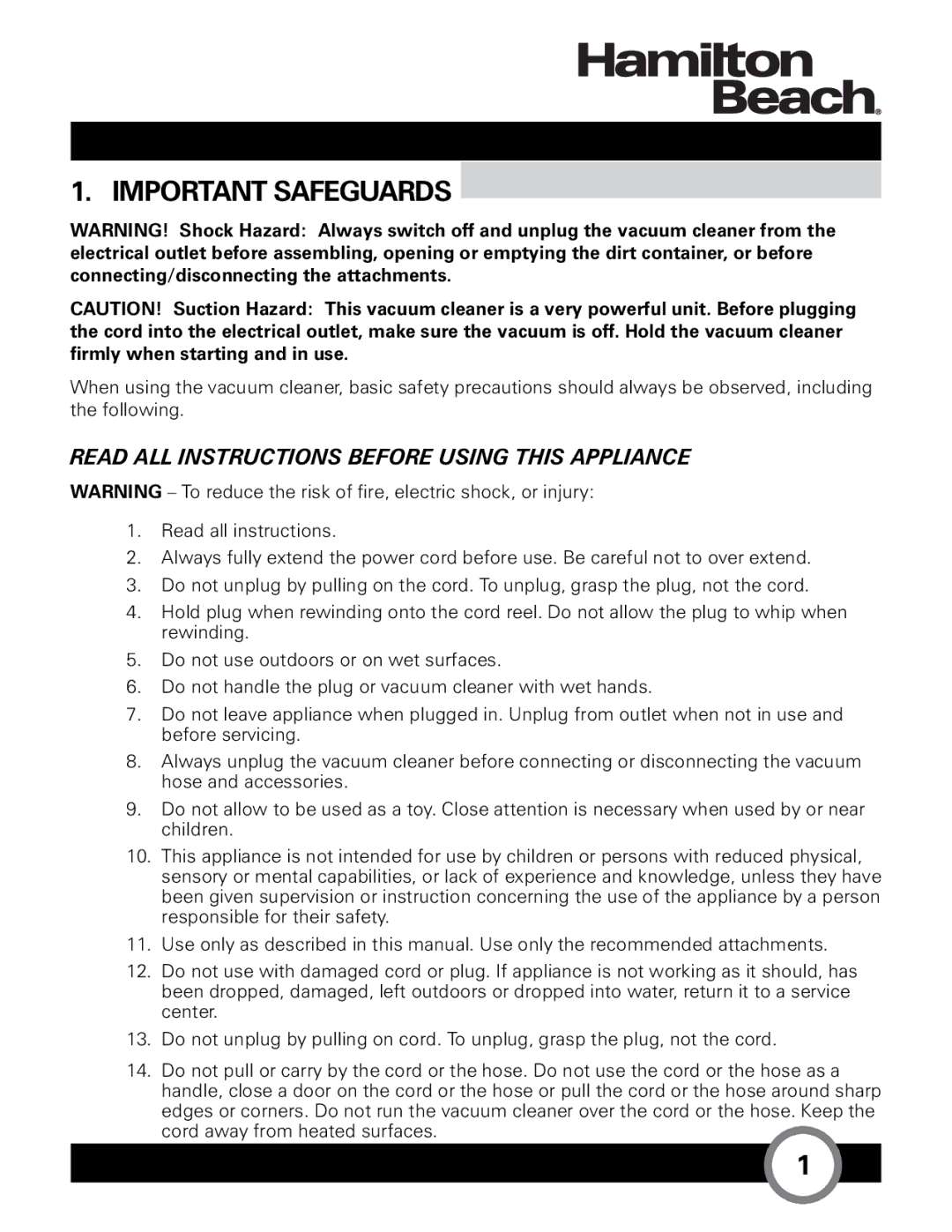 Hamilton Beach HB-363 owner manual Important Safeguards, Read ALL Instructions Before Using this Appliance 