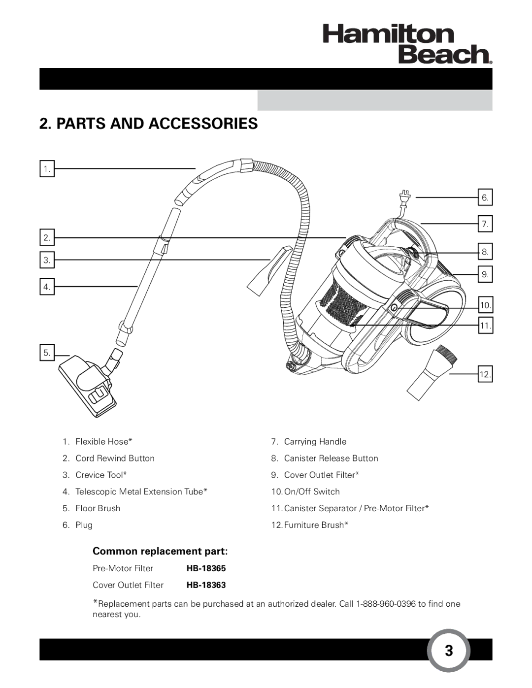 Hamilton Beach HB-363 owner manual Parts and Accessories, Common replacement part 