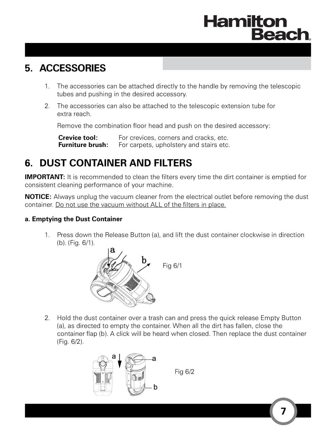 Hamilton Beach HB-363 owner manual Dust Container and Filters, Emptying the Dust Container 