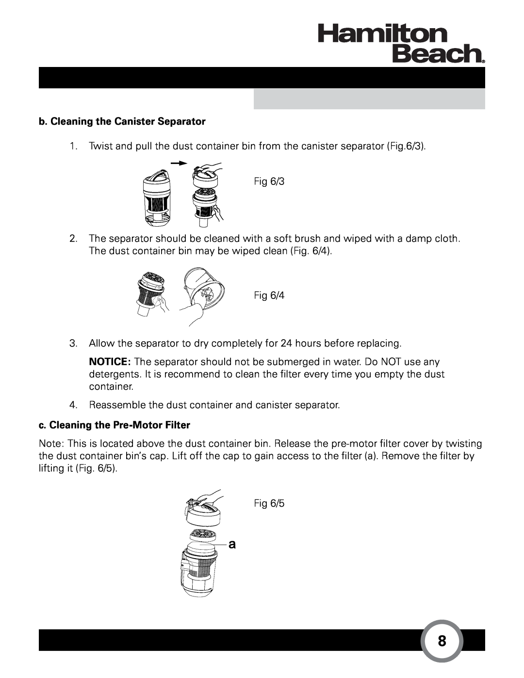 Hamilton Beach HB-363 owner manual b. Cleaning the Canister Separator 