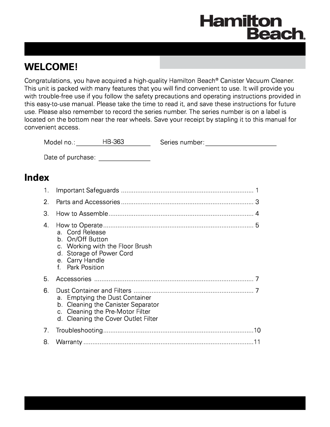 Hamilton Beach HB-363 owner manual Welcome, Index 