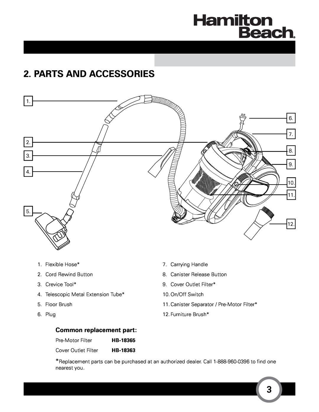 Hamilton Beach HB-363 owner manual Parts And Accessories, Common replacement part, HB-18365, HB-18363 