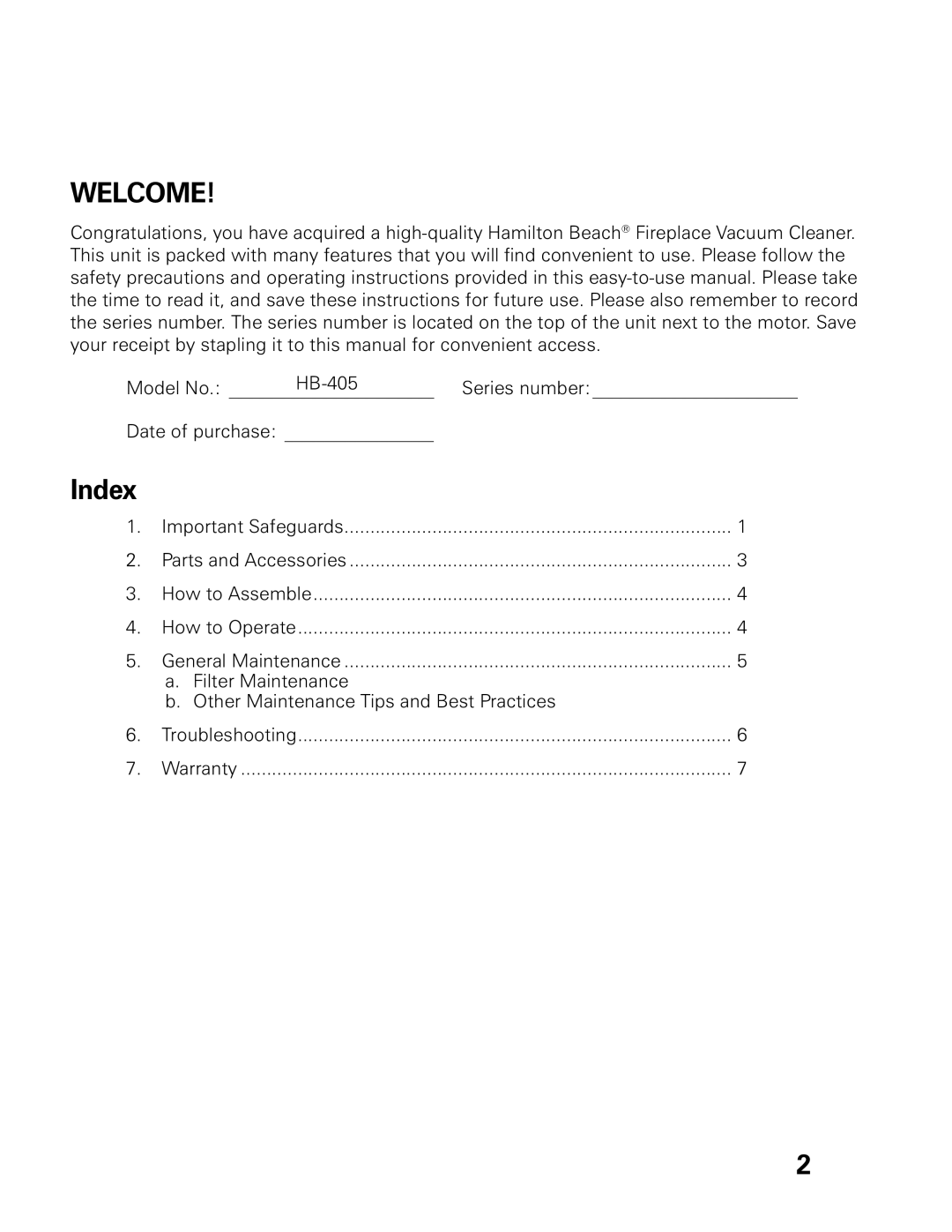 Hamilton Beach HB-405 owner manual Welcome, Index 