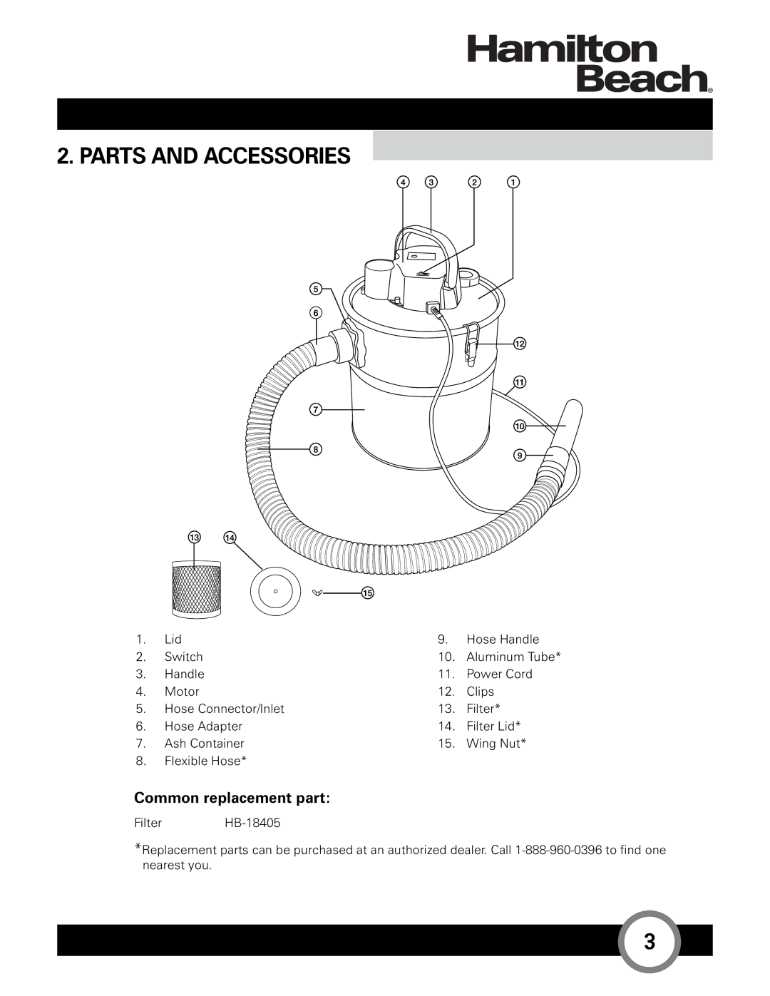 Hamilton Beach HB-405 owner manual Parts and Accessories, Common replacement part 