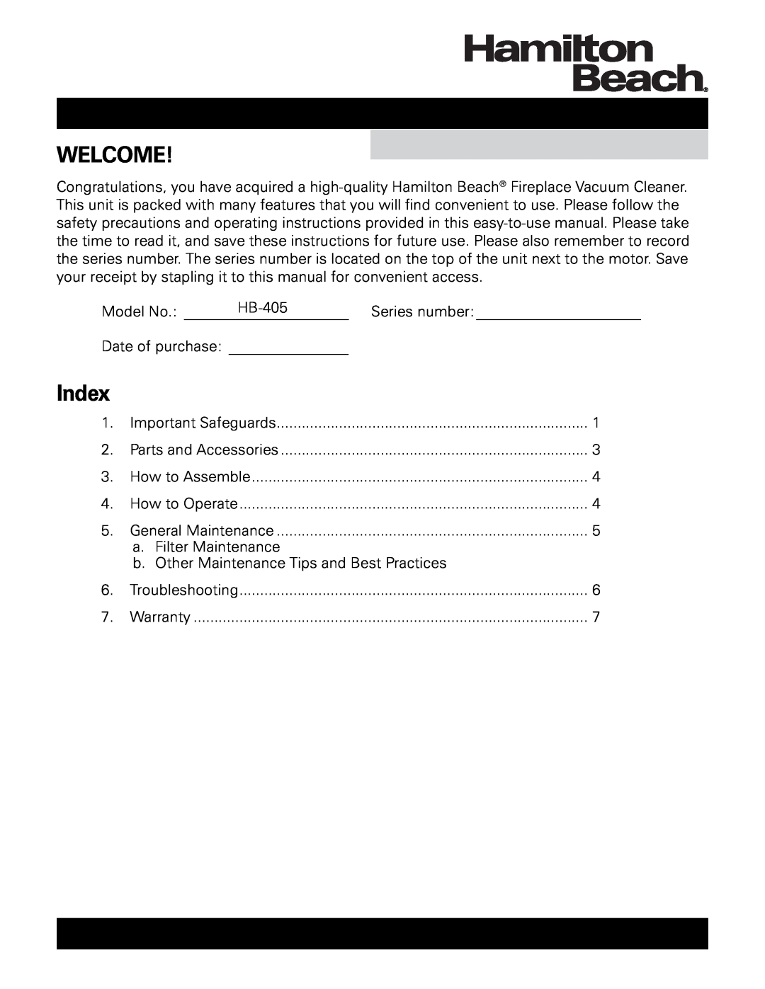 Hamilton Beach HB-405 owner manual Welcome, Index 