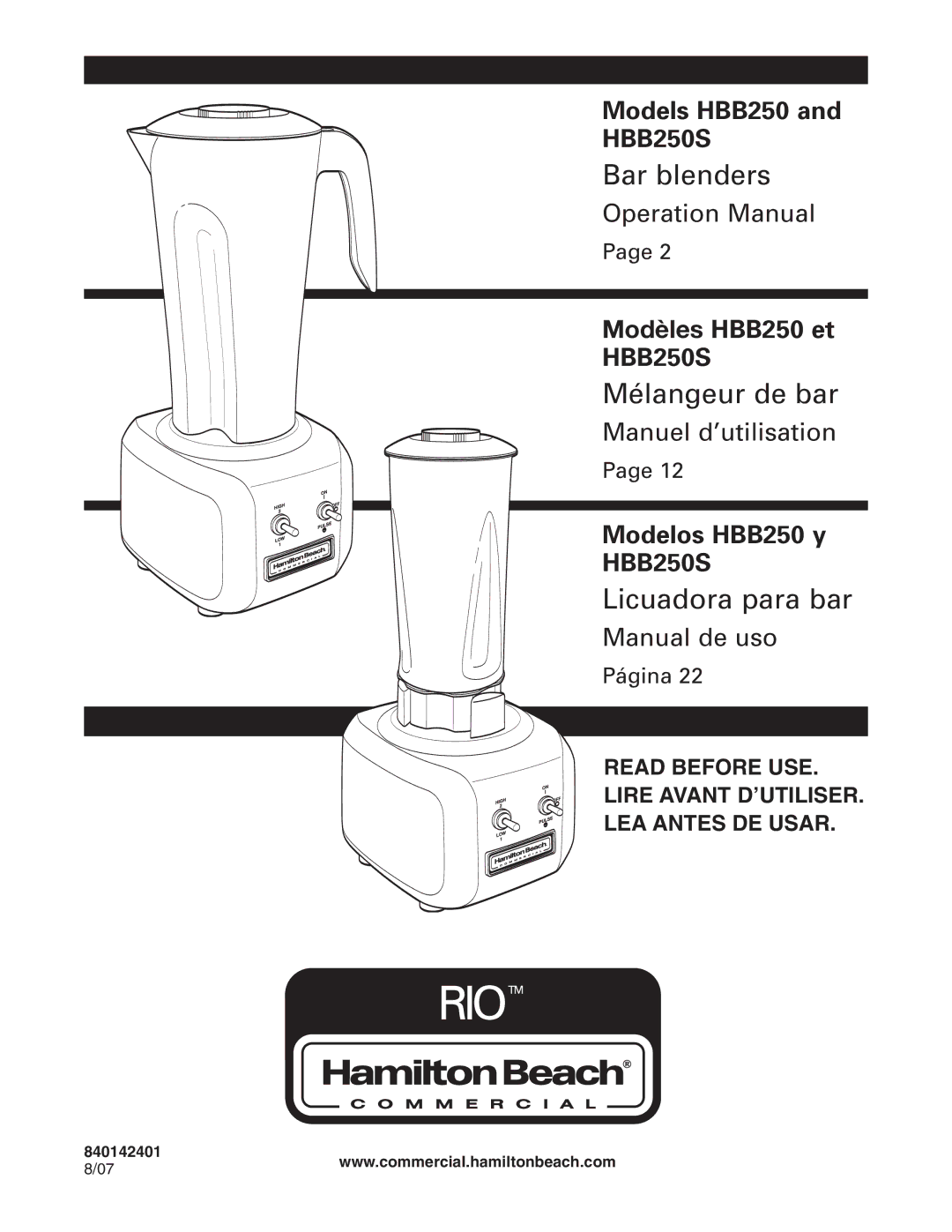 Hamilton Beach HBB250S manuel dutilisation Bar blenders 