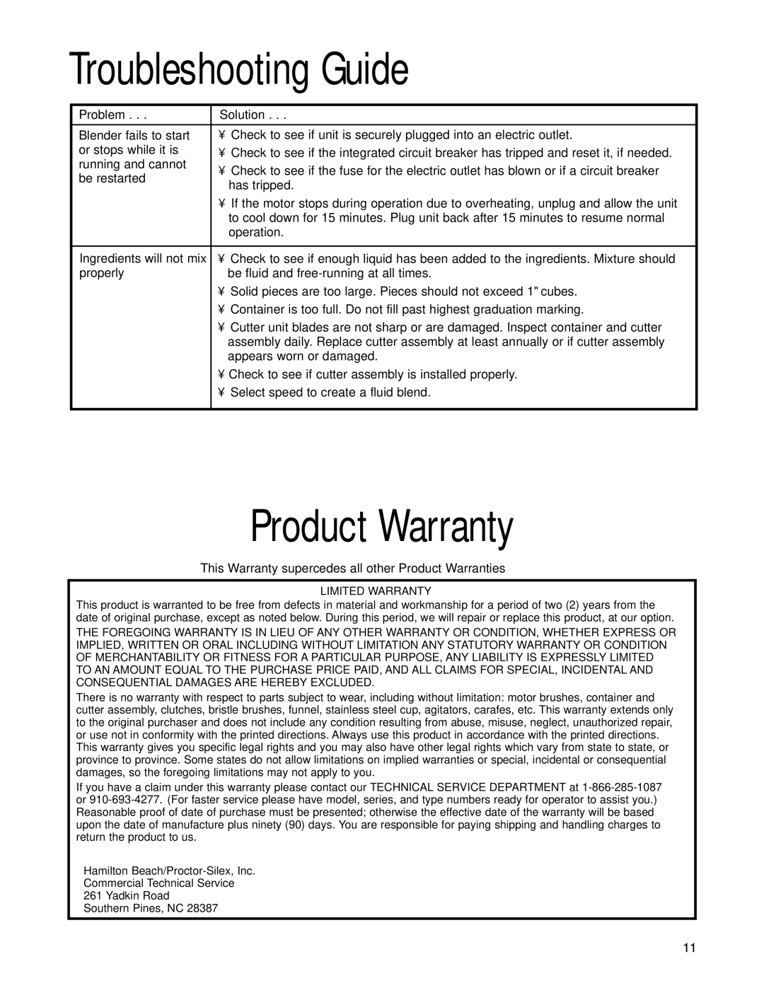 Hamilton Beach HBB250S manuel dutilisation Troubleshooting Guide, Product Warranty 