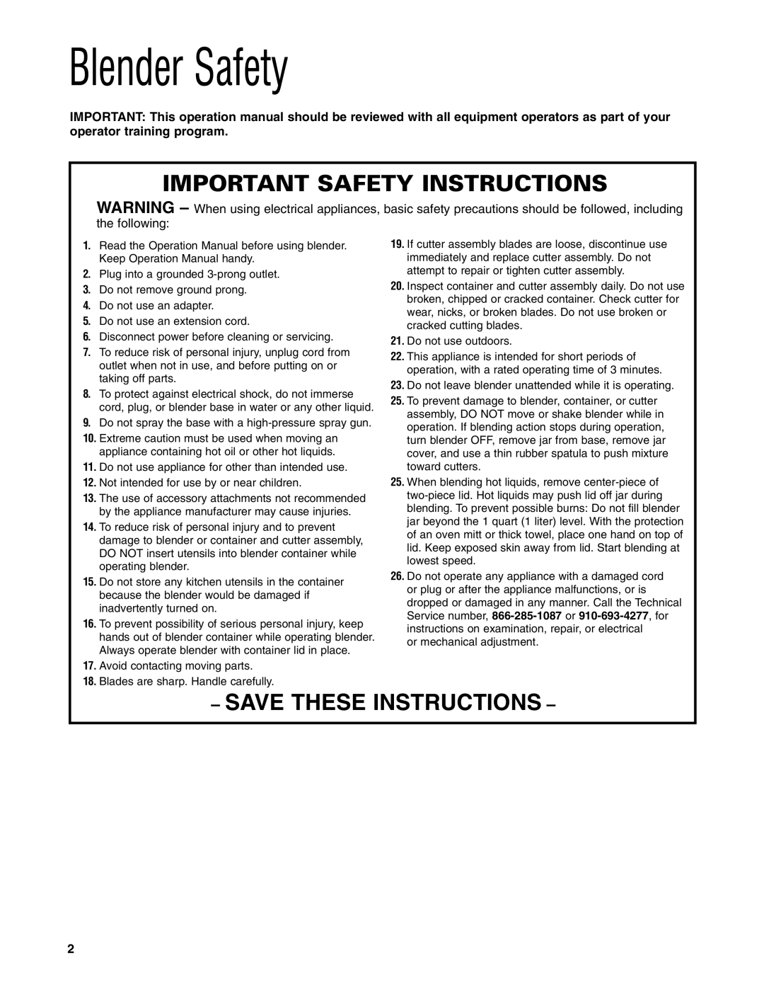 Hamilton Beach HBB250S manuel dutilisation Blender Safety, Important Safety Instructions 