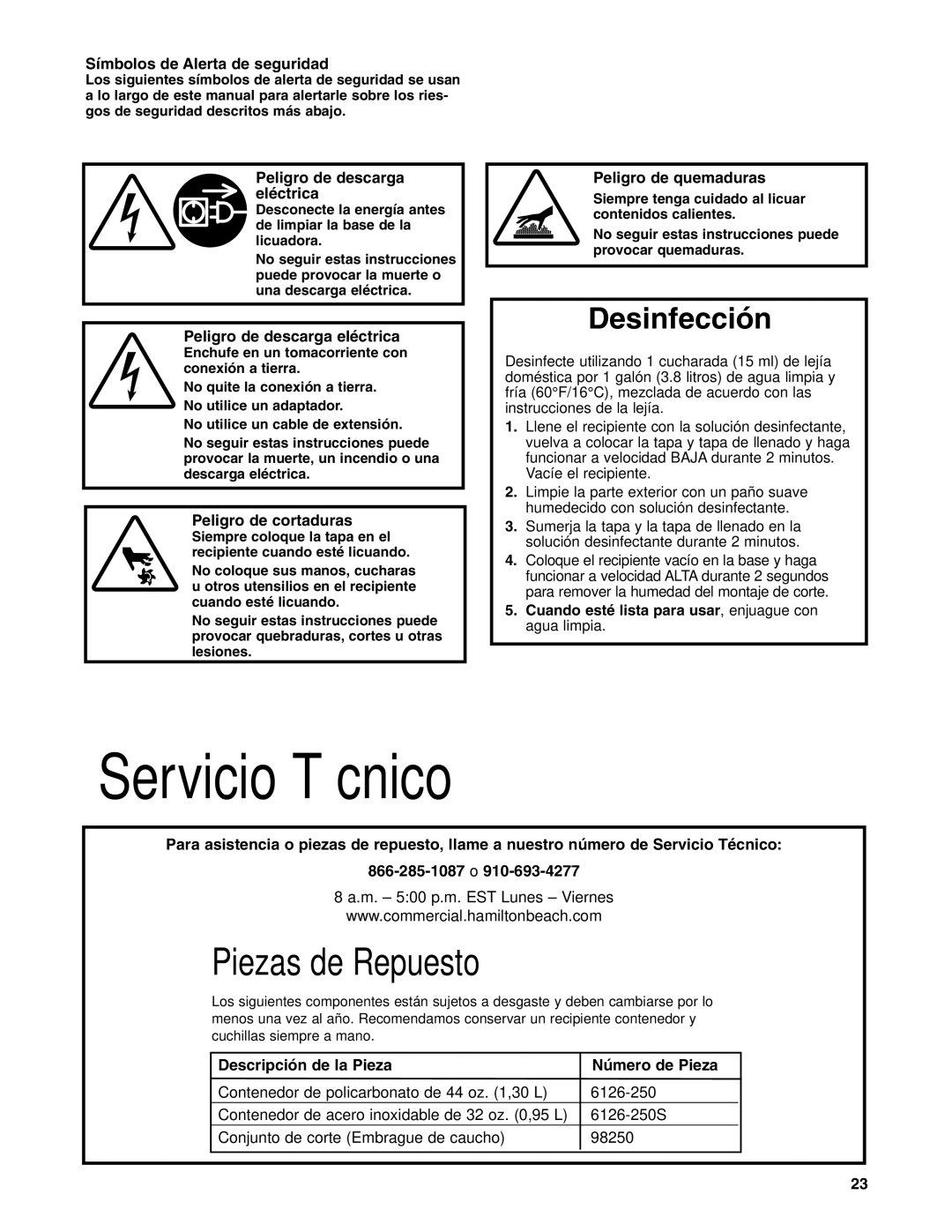 Hamilton Beach HBB250S manuel dutilisation Servicio Técnico, Símbolos de Alerta de seguridad 