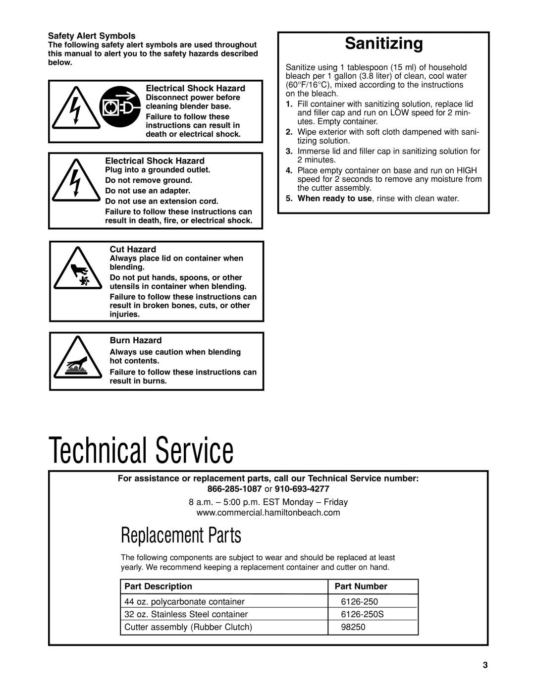 Hamilton Beach HBB250S manuel dutilisation Technical Service, Safety Alert Symbols 