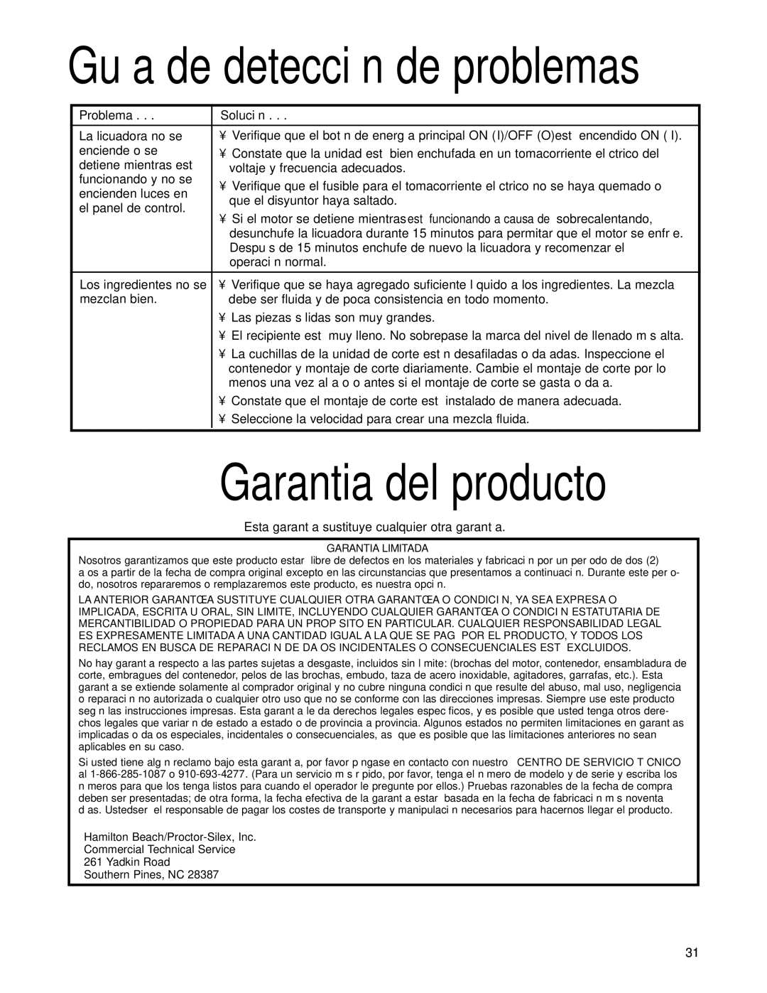 Hamilton Beach HBB250S manuel dutilisation Garantia del producto, Guía de detección de problemas 