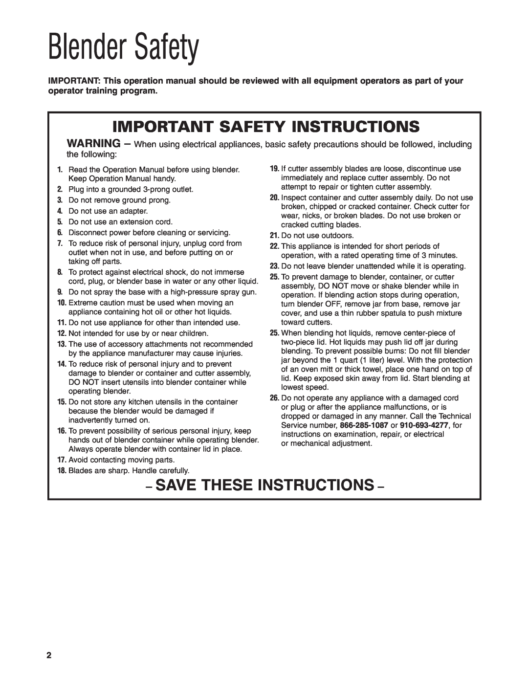 Hamilton Beach HBB250S manuel dutilisation Blender Safety, Important Safety Instructions, Save These Instructions 