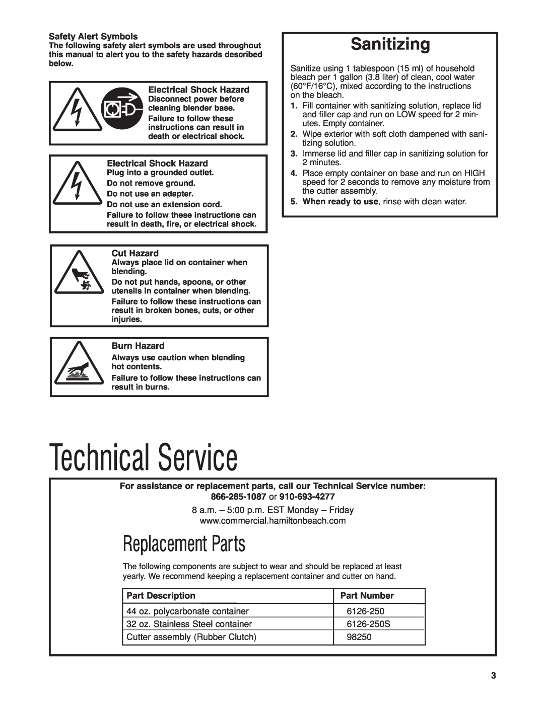 Hamilton Beach HBB250S Technical Service, Replacement Parts, Sanitizing, Safety Alert Symbols, Electrical Shock Hazard 