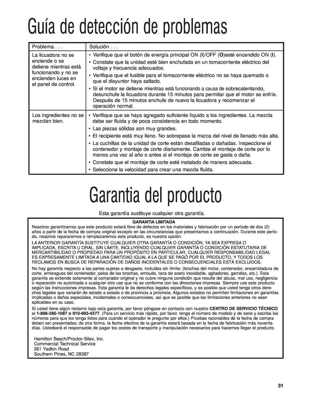 Hamilton Beach HBB250S manuel dutilisation Garantia del producto, Guía de detección de problemas 