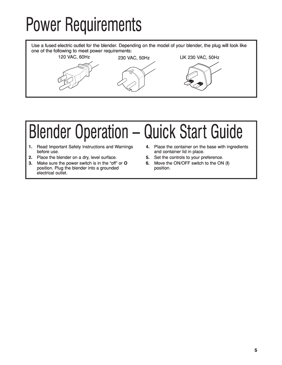 Hamilton Beach HBB250S manuel dutilisation Power Requirements, Blender Operation - Quick Start Guide 