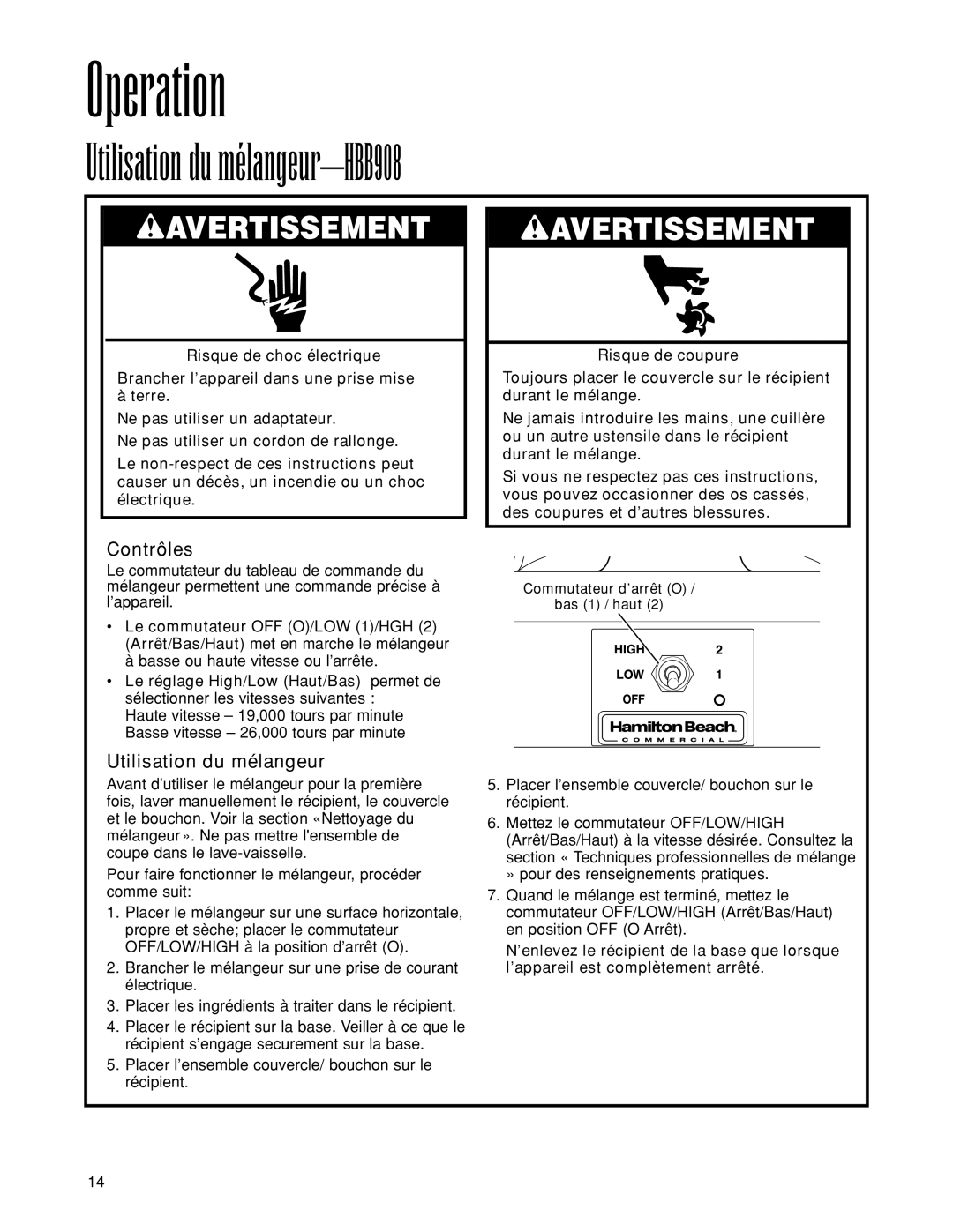 Hamilton Beach manuel dutilisation Utilisation du mélangeur-HBB908, Contrôles 