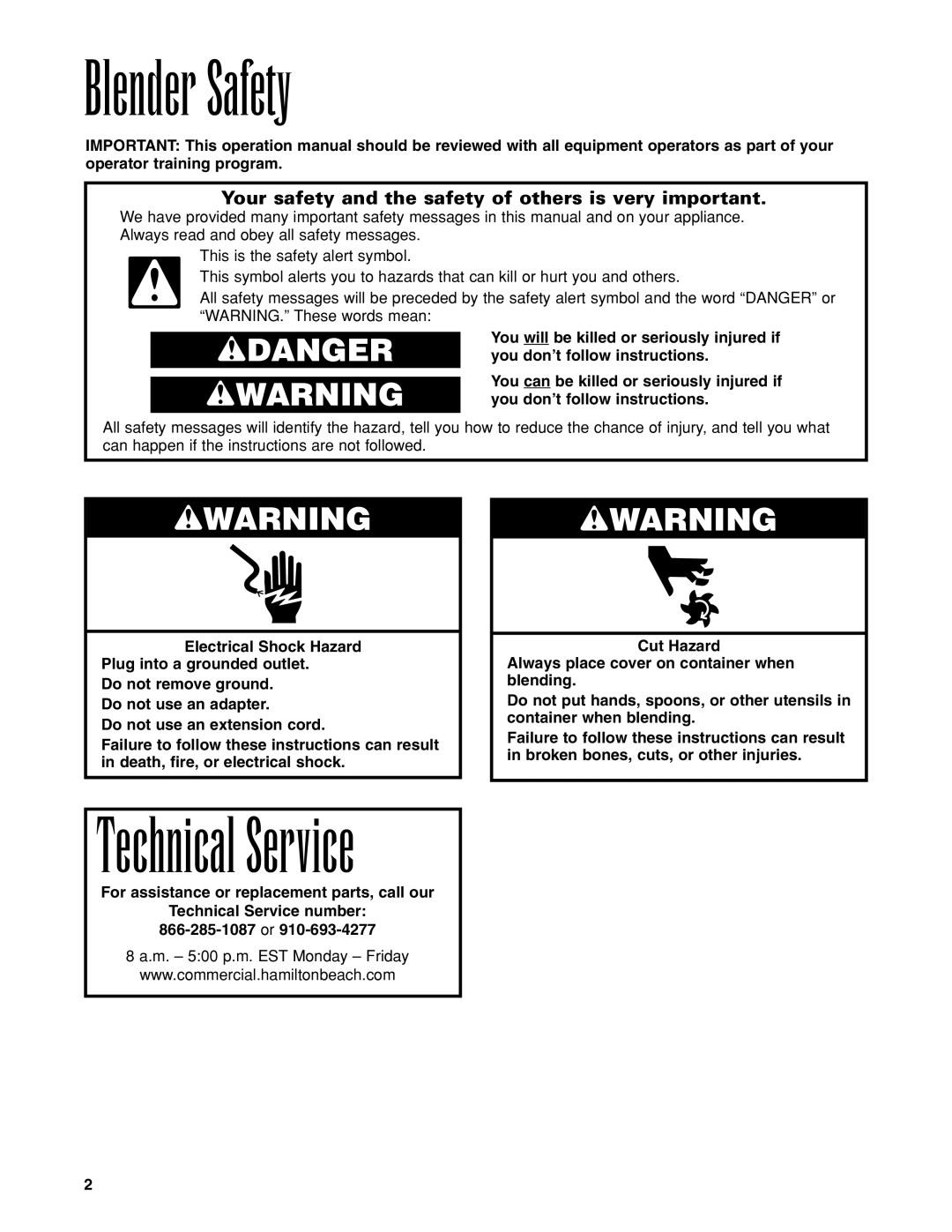 Hamilton Beach HBB908 manuel dutilisation Blender Safety, Technical Service 