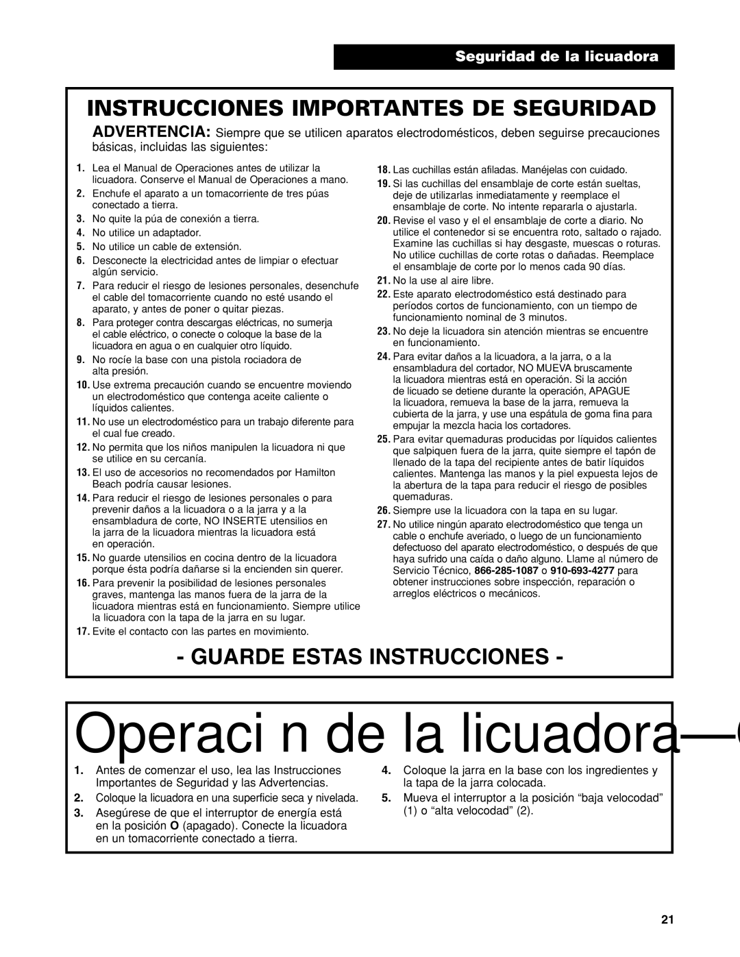 Hamilton Beach HBB908 manuel dutilisation Operación de la licuadora-Guía de inicio rápido 