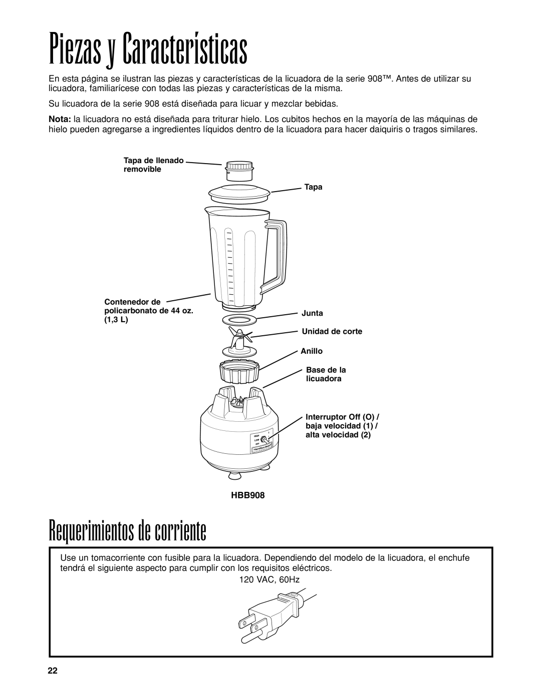 Hamilton Beach HBB908 manuel dutilisation Piezas y Características, Requerimientos de corriente 
