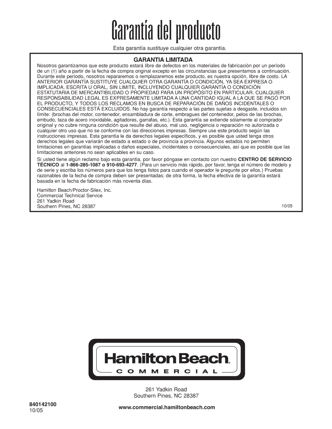 Hamilton Beach HBB908 manuel dutilisation Garantía del producto, Garantia Limitada 