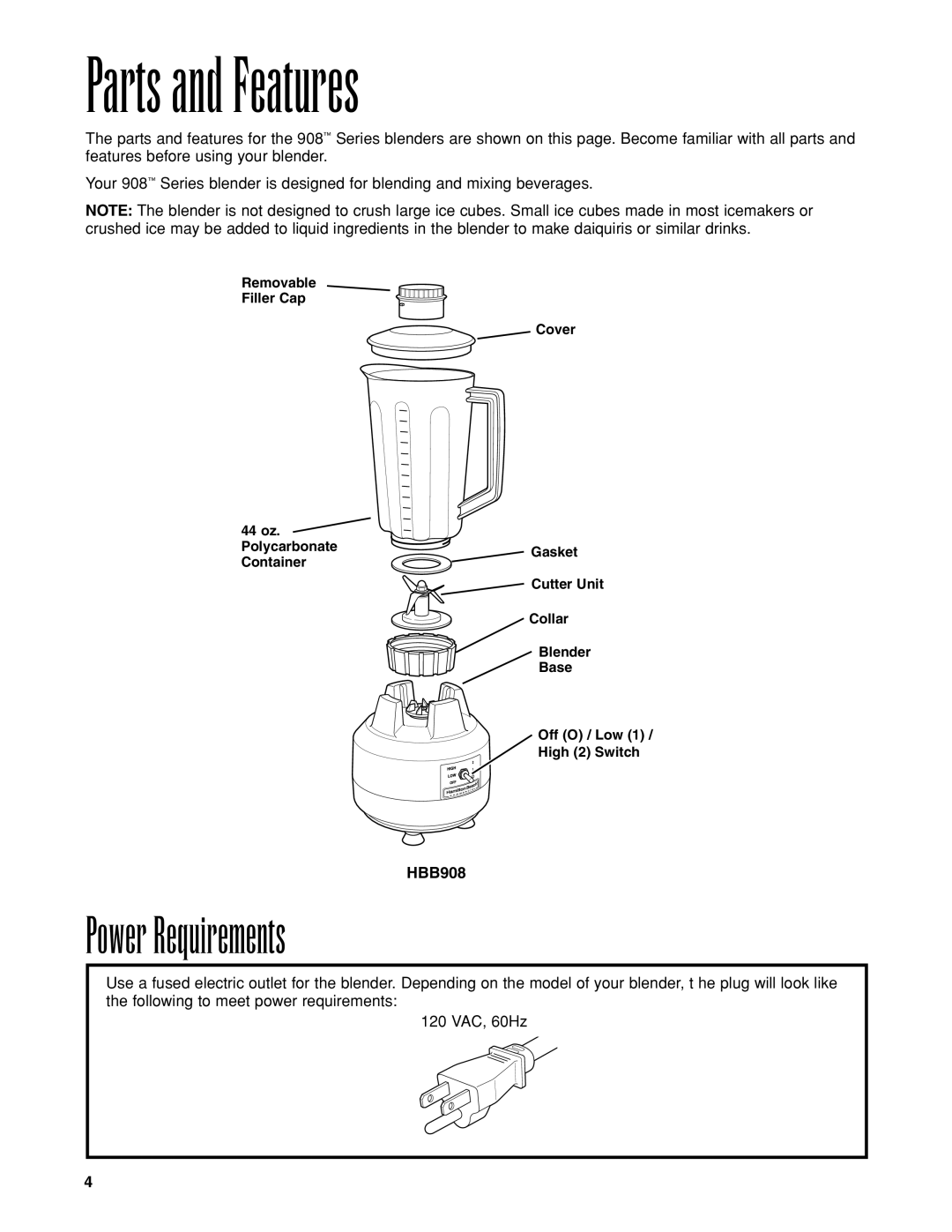 Hamilton Beach HBB908 manuel dutilisation Parts and Features, Power Requirements 