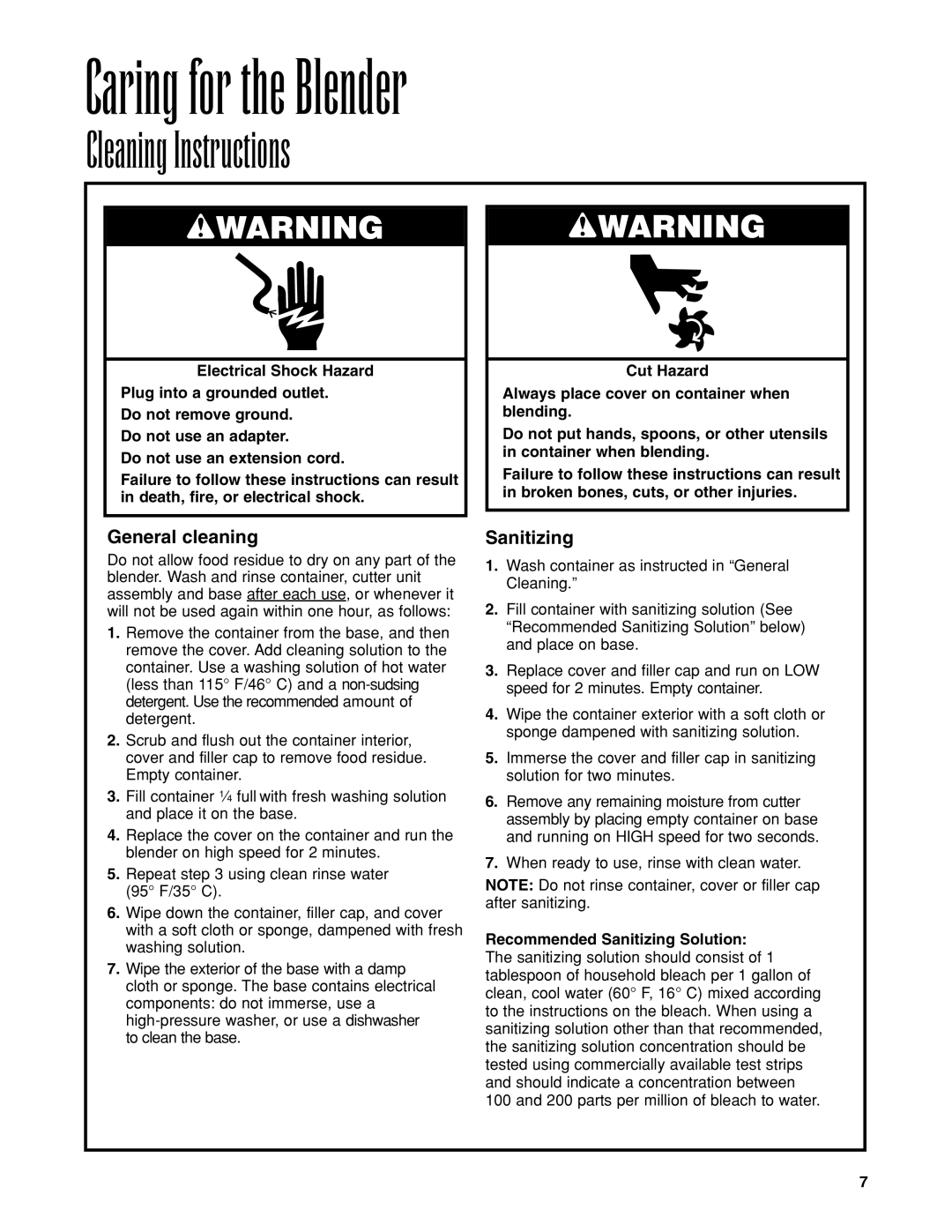 Hamilton Beach HBB908 manuel dutilisation Caring for the Blender, Cleaning Instructions, General cleaning, Sanitizing 