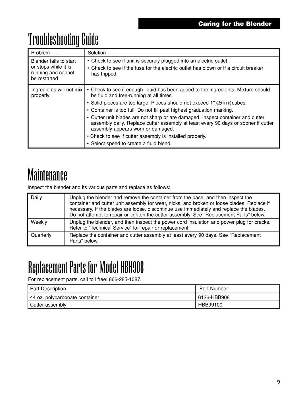 Hamilton Beach HBB908 manuel dutilisation Troubleshooting Guide, Maintenance 