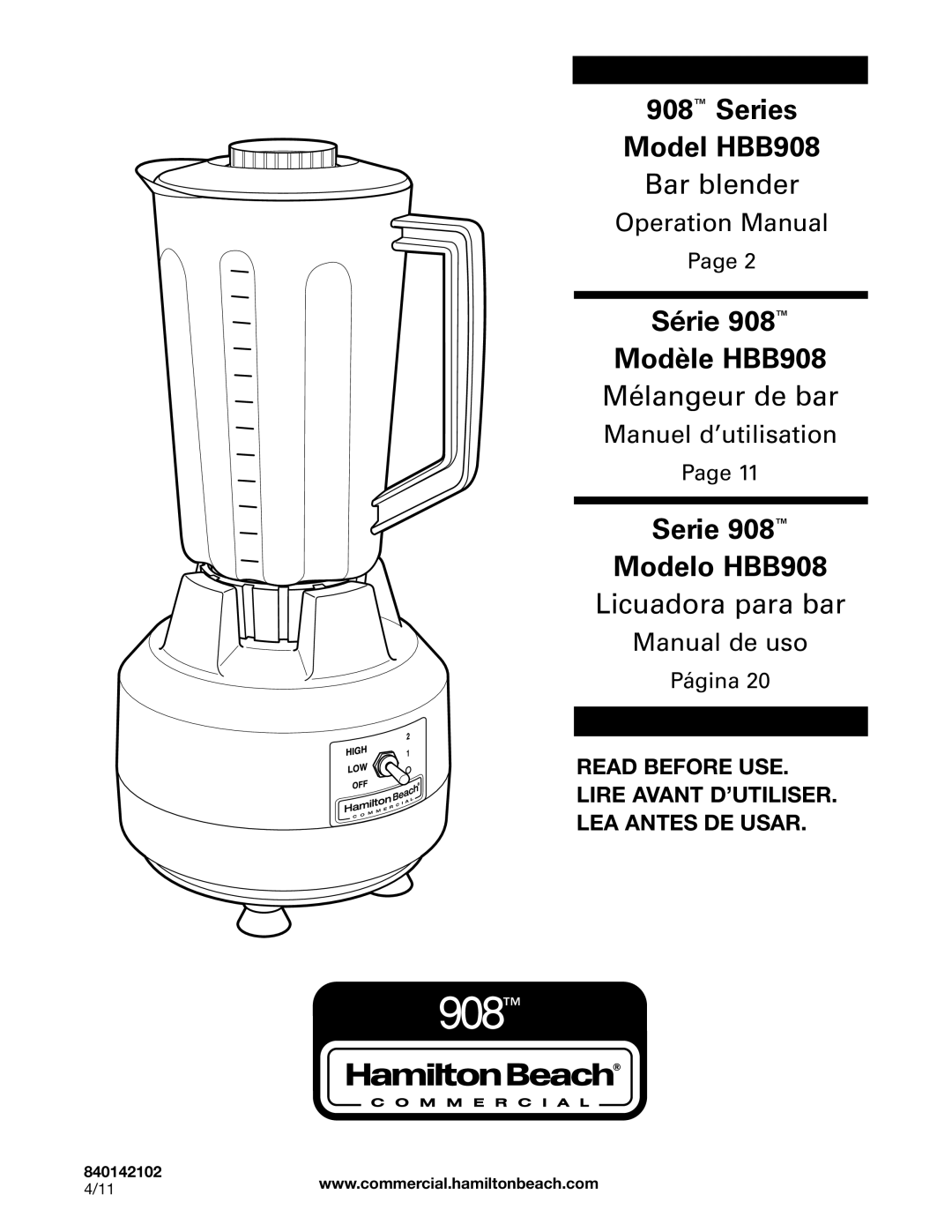 Hamilton Beach manuel dutilisation Series Model HBB908 