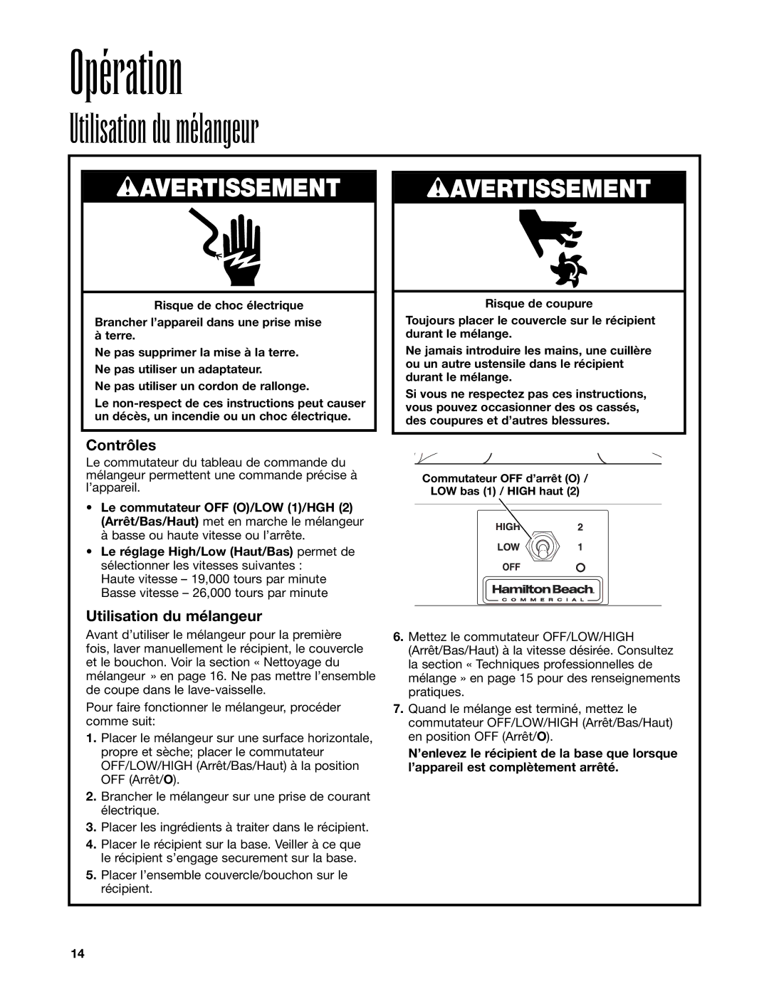 Hamilton Beach HBB908 manuel dutilisation Opération, Utilisation du mélangeur, Contrôles 