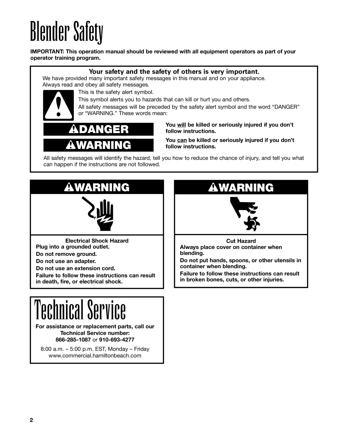 Hamilton Beach HBB908 Blender Safety, Technical Service, Your safety and the safety of others is very important 