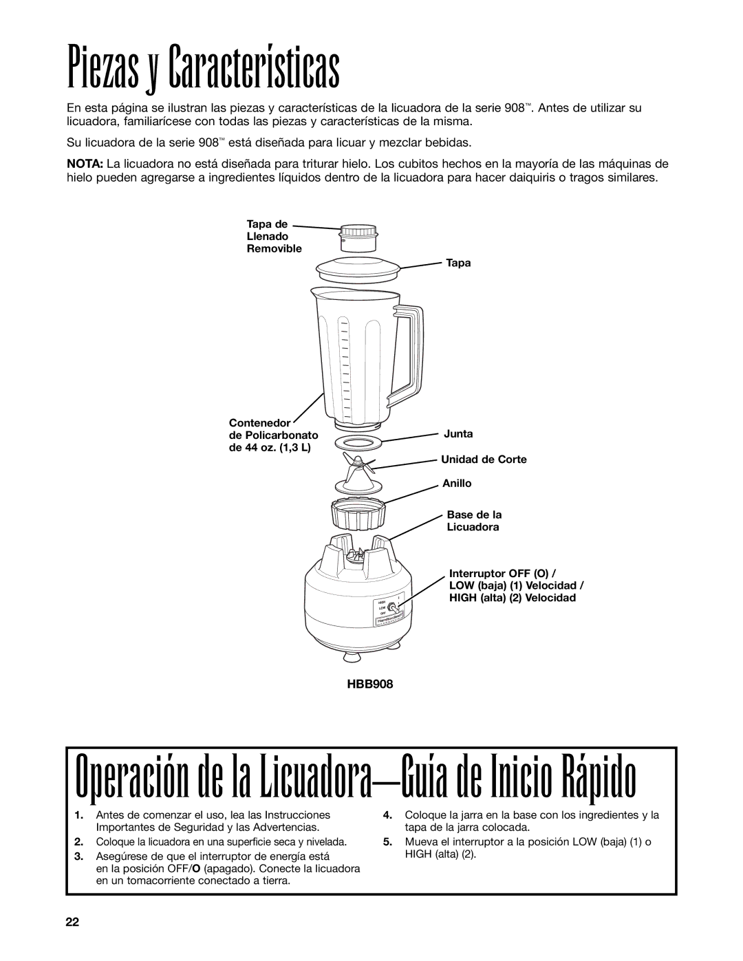 Hamilton Beach HBB908 manuel dutilisation Piezas y Características, Operación de la Licuadora-Guía de Inicio Rápido 