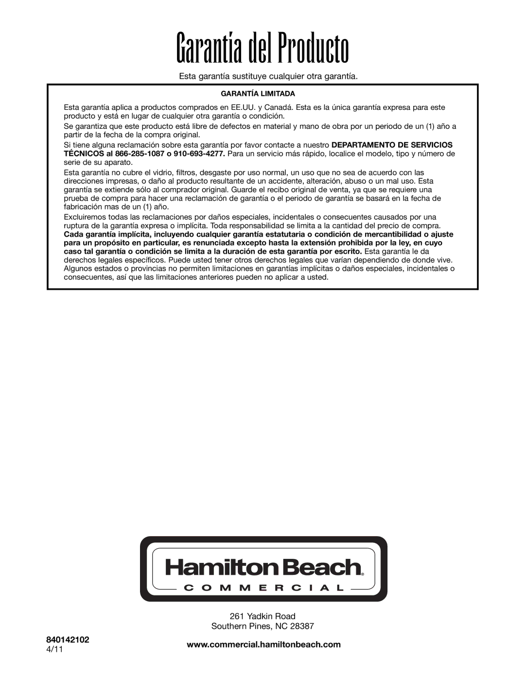 Hamilton Beach HBB908 manuel dutilisation Garantía del Producto, Esta garantía sustituye cualquier otra garantía 