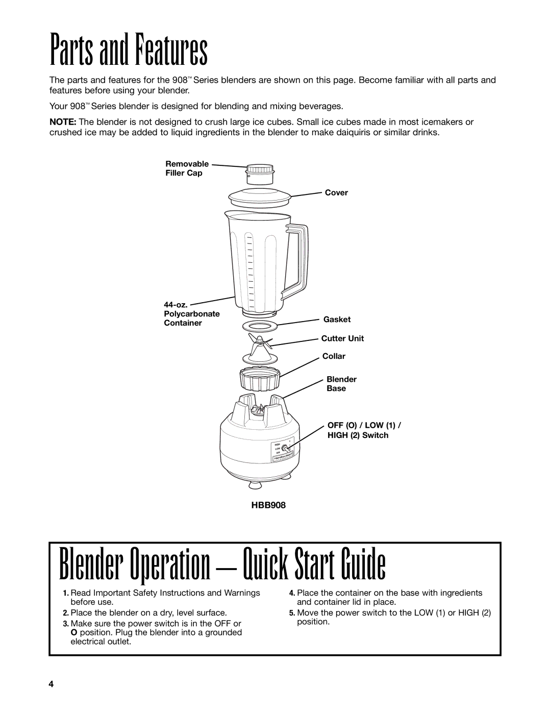 Hamilton Beach HBB908 manuel dutilisation Parts and Features, Blender Operation Quick Start Guide 