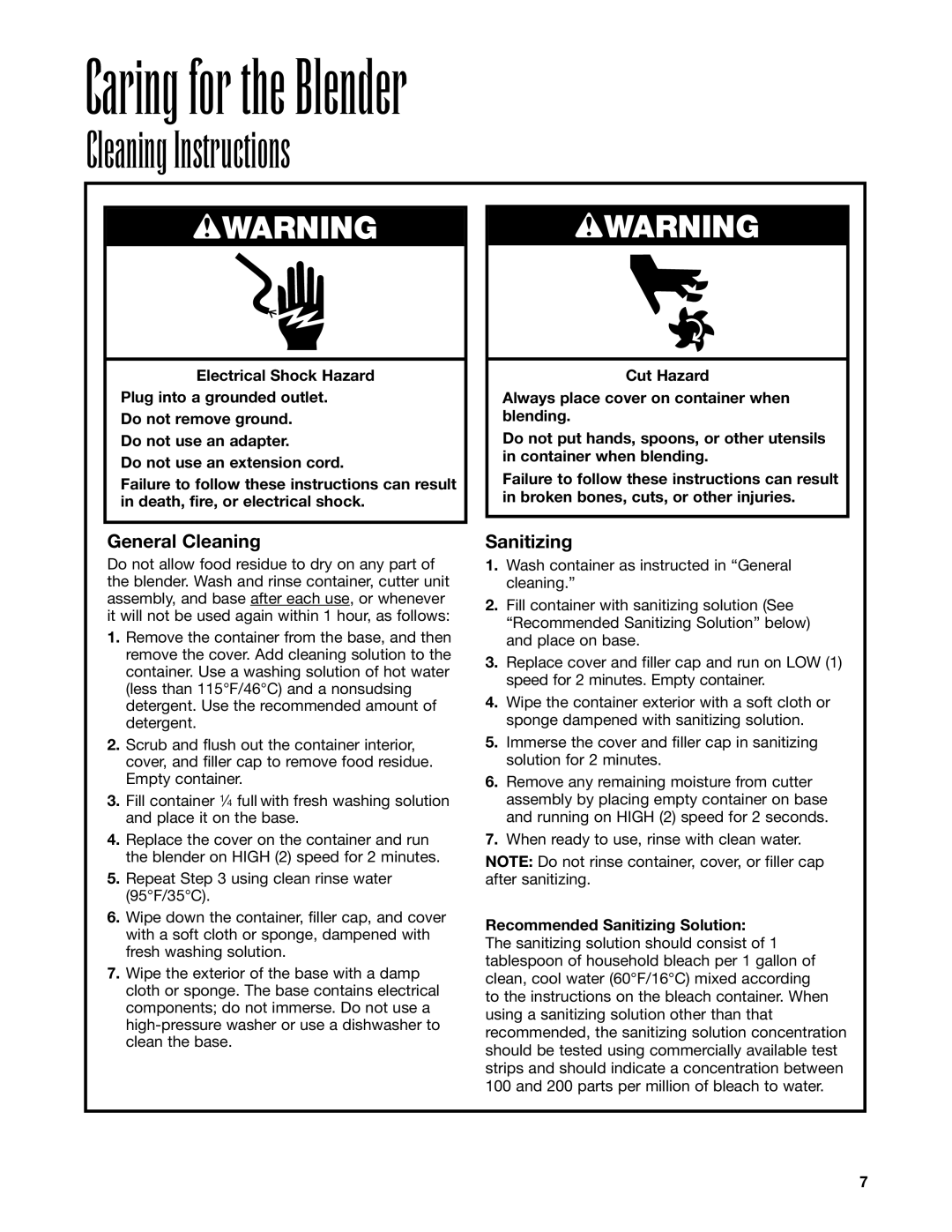 Hamilton Beach HBB908 manuel dutilisation Caring for the Blender, Cleaning Instructions, General Cleaning, Sanitizing 