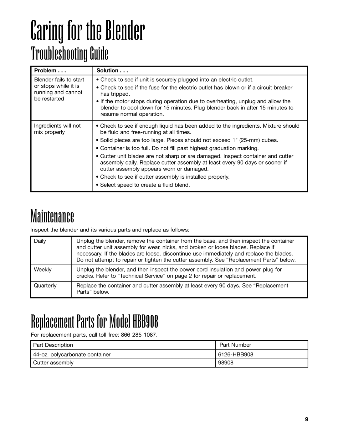 Hamilton Beach manuel dutilisation Troubleshooting Guide, Maintenance, Replacement Parts for Model HBB908 