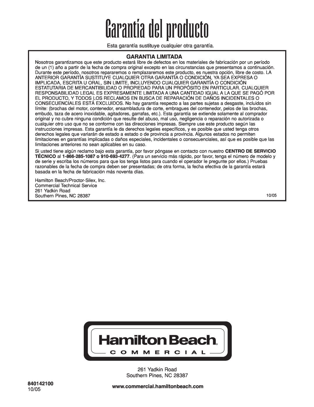 Hamilton Beach HBB908 manuel dutilisation Garantía del producto, Garantia Limitada 