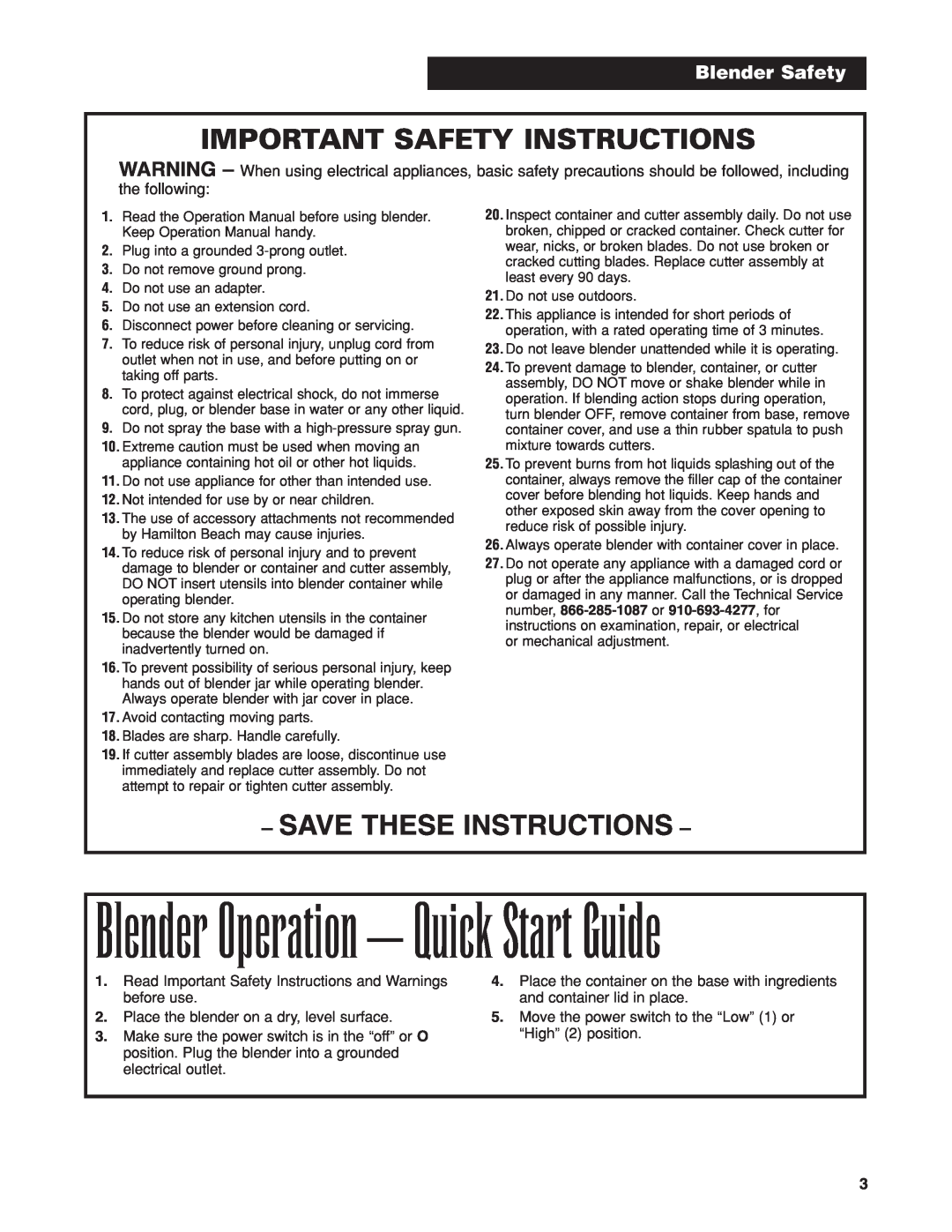 Hamilton Beach HBB908 manuel dutilisation Important Safety Instructions, Save These Instructions, Blender Safety 