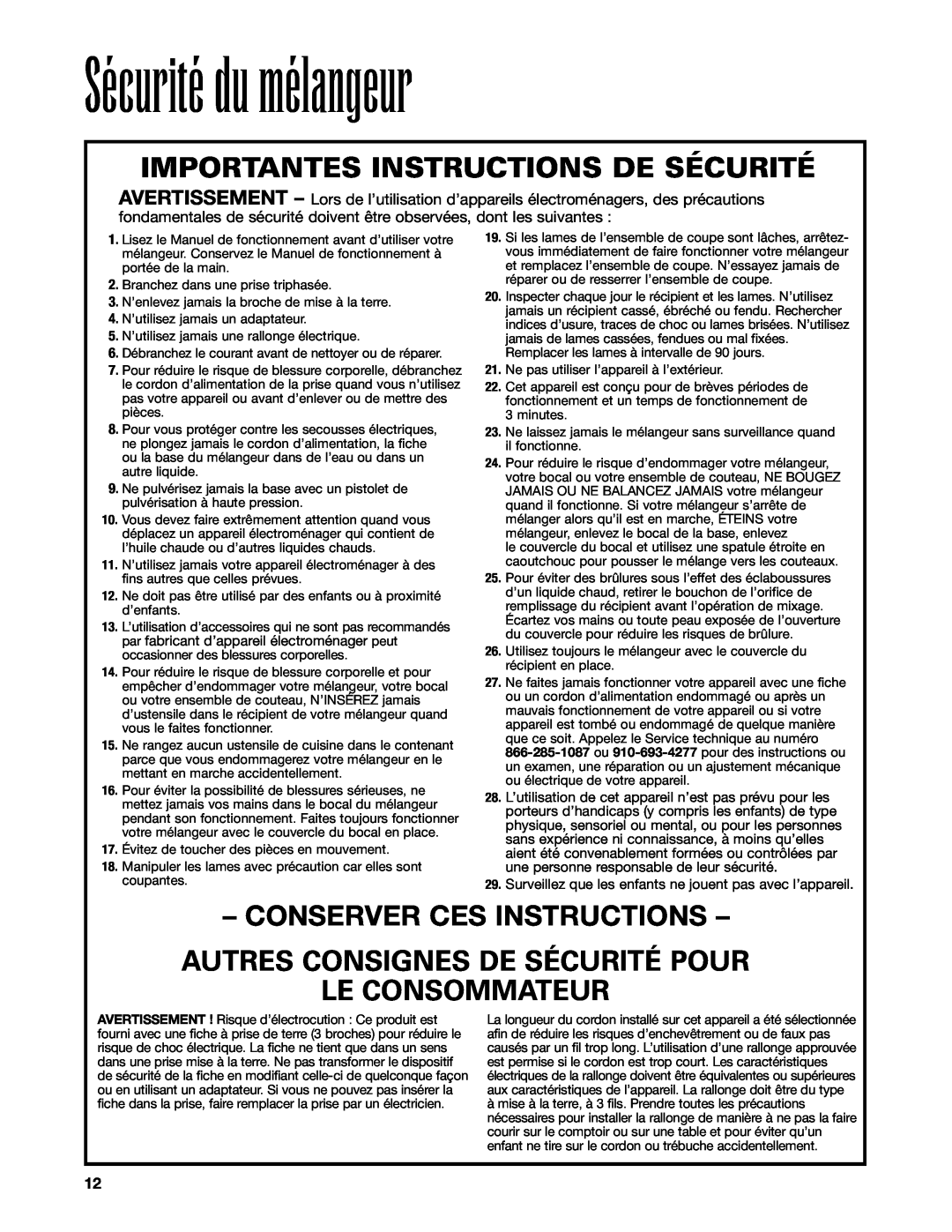 Hamilton Beach HBB908 Importantes Instructions De Sécurité, Conserver Ces Instructions Autres Consignes De Sécurité Pour 