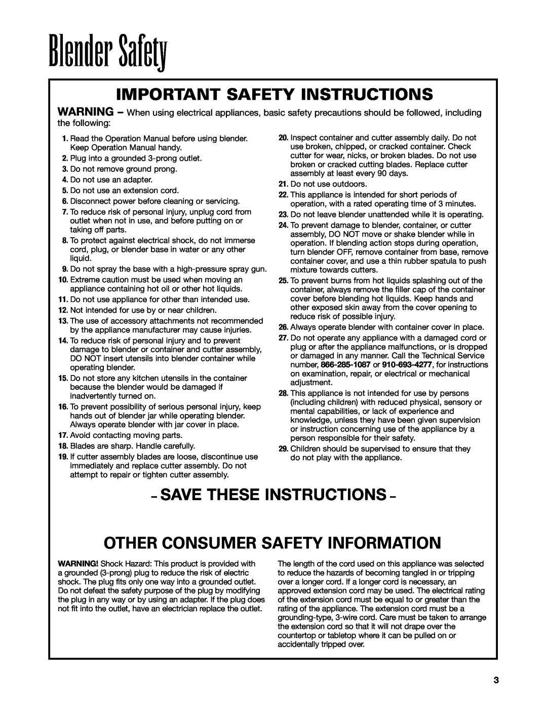Hamilton Beach HBB908 Important Safety Instructions, Save These Instructions Other Consumer Safety Information 