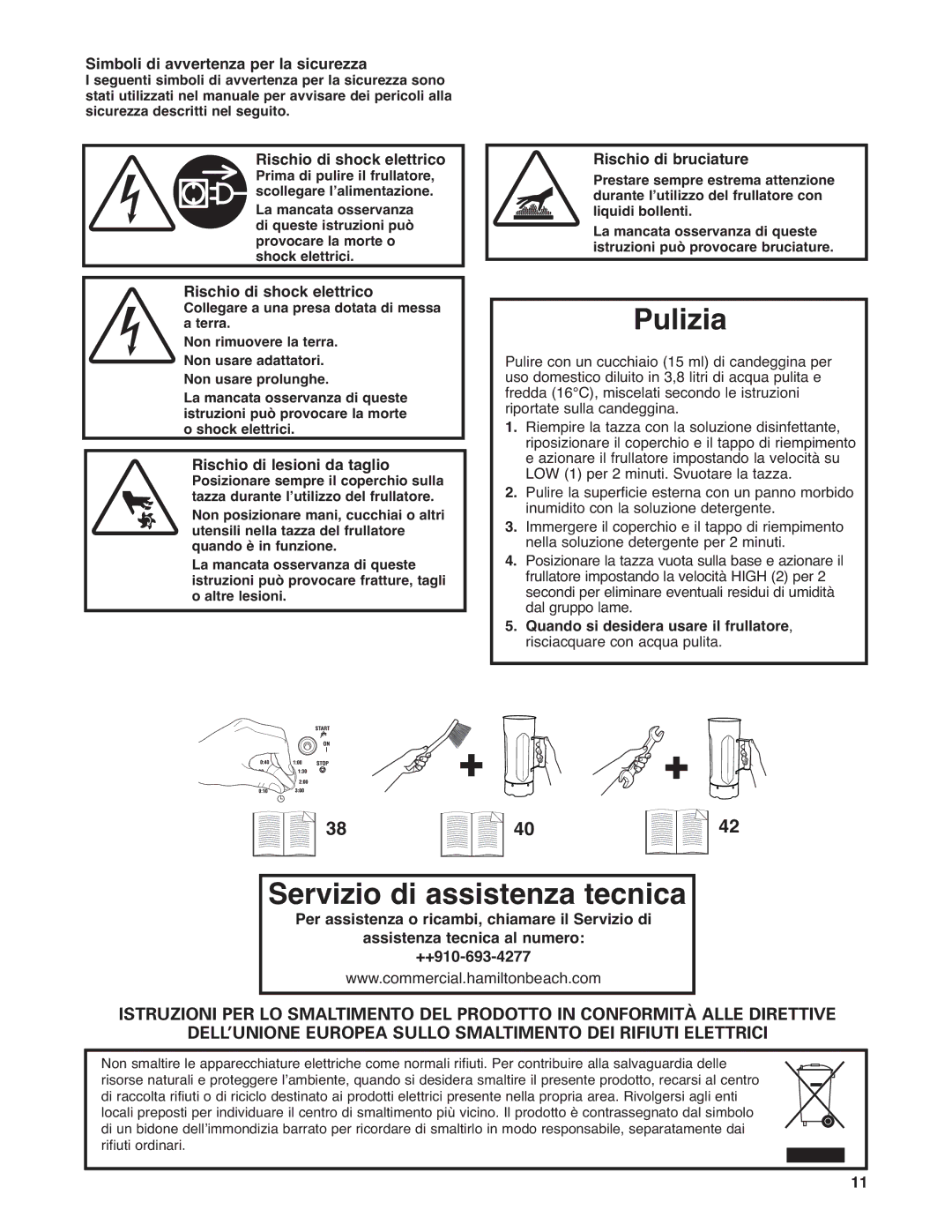 Hamilton Beach HBF400 operation manual Pulizia, Servizio di assistenza tecnica, Simboli di avvertenza per la sicurezza 